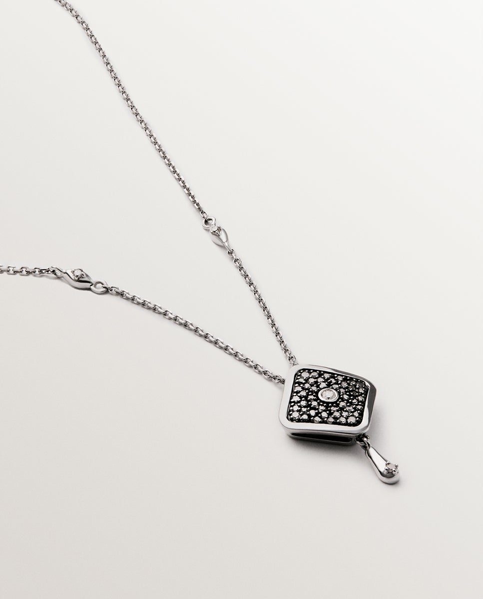 Colar de Ouro Branco de 9k com Forma de Losango e Diamantes Branco-3
