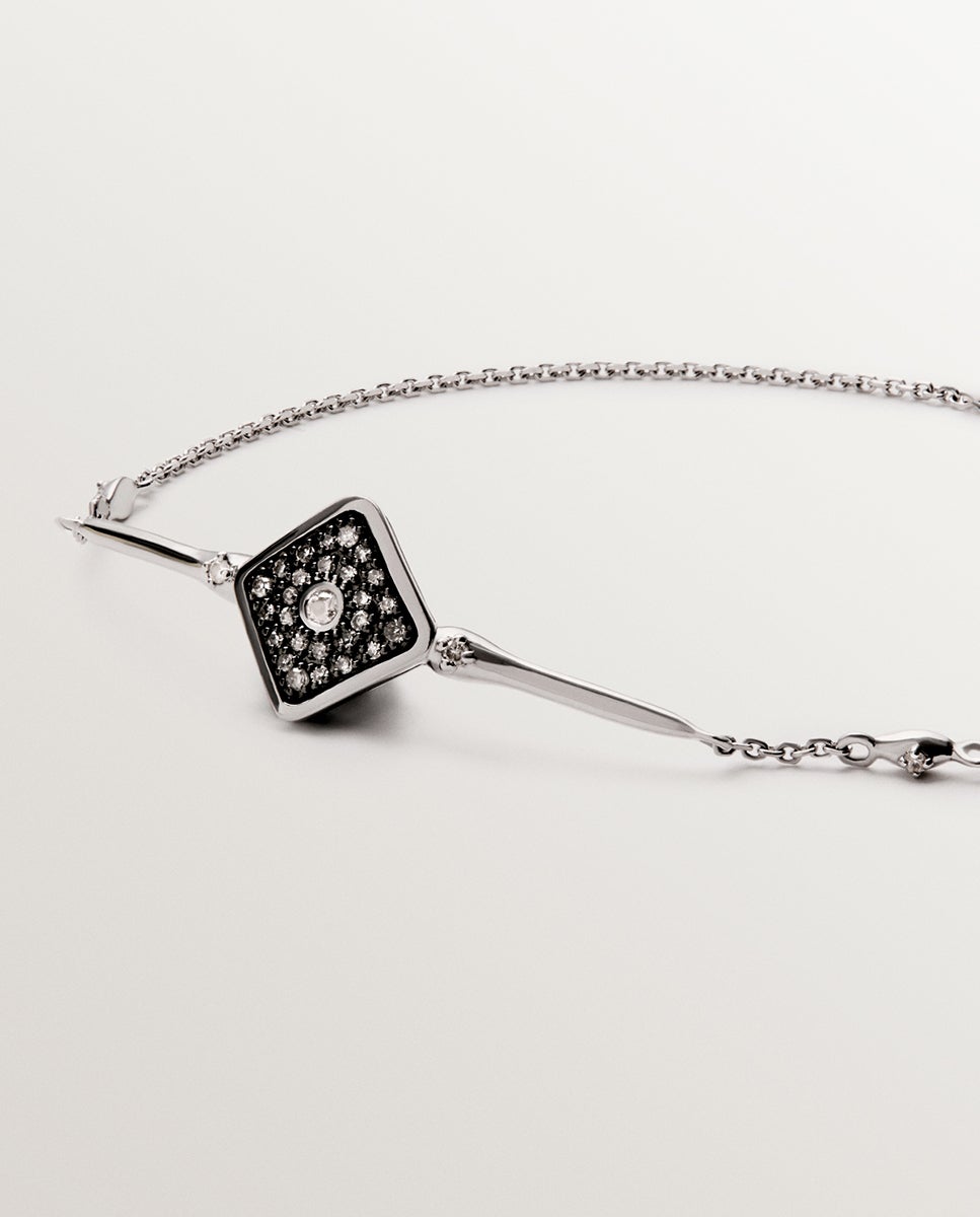 Pulseira de Ouro Branco de 9k com Forma de Losango e Diamantes Branco-3