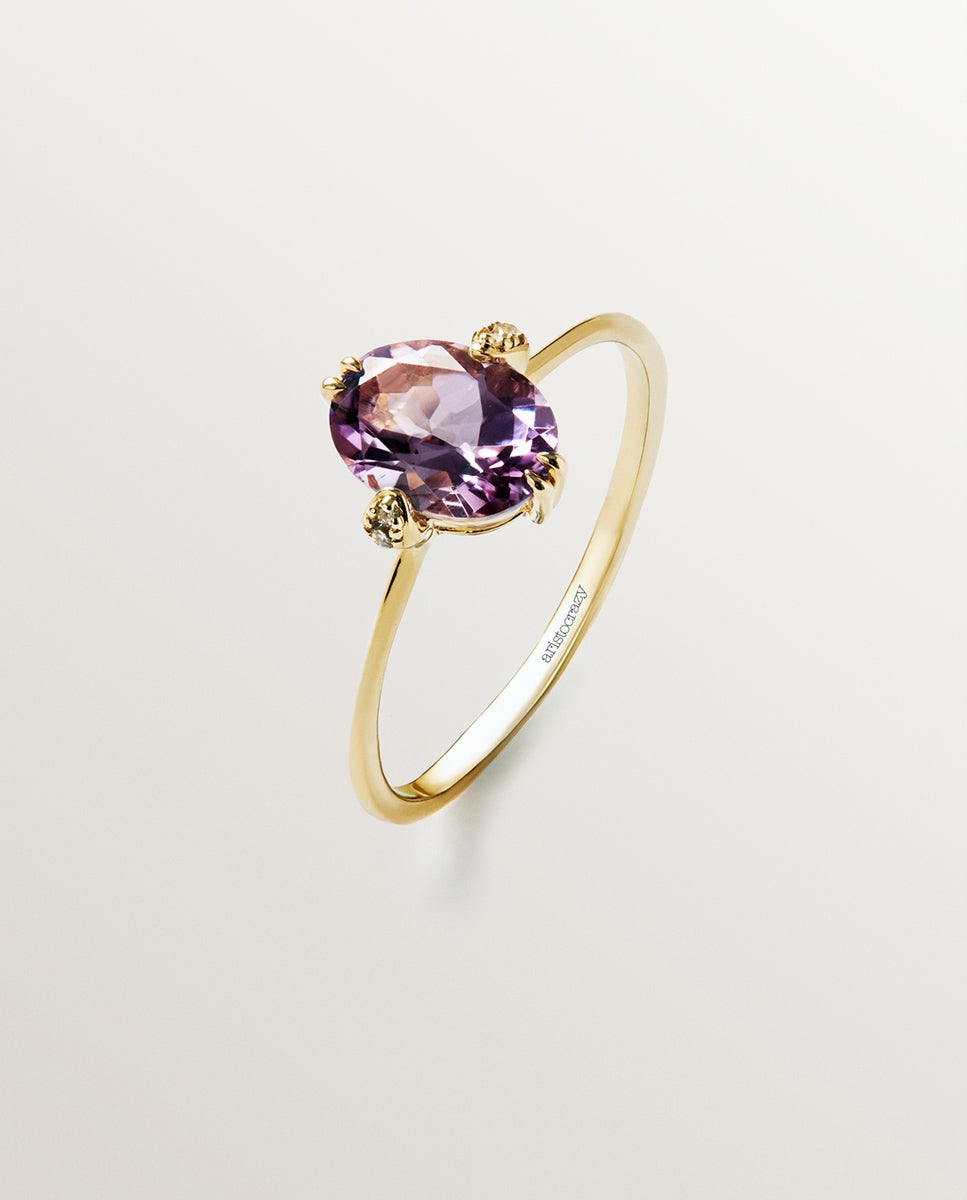 Anel Solitário de Ouro Amarelo de 9k com Ametista Rosa e Diamantes Rosa-1
