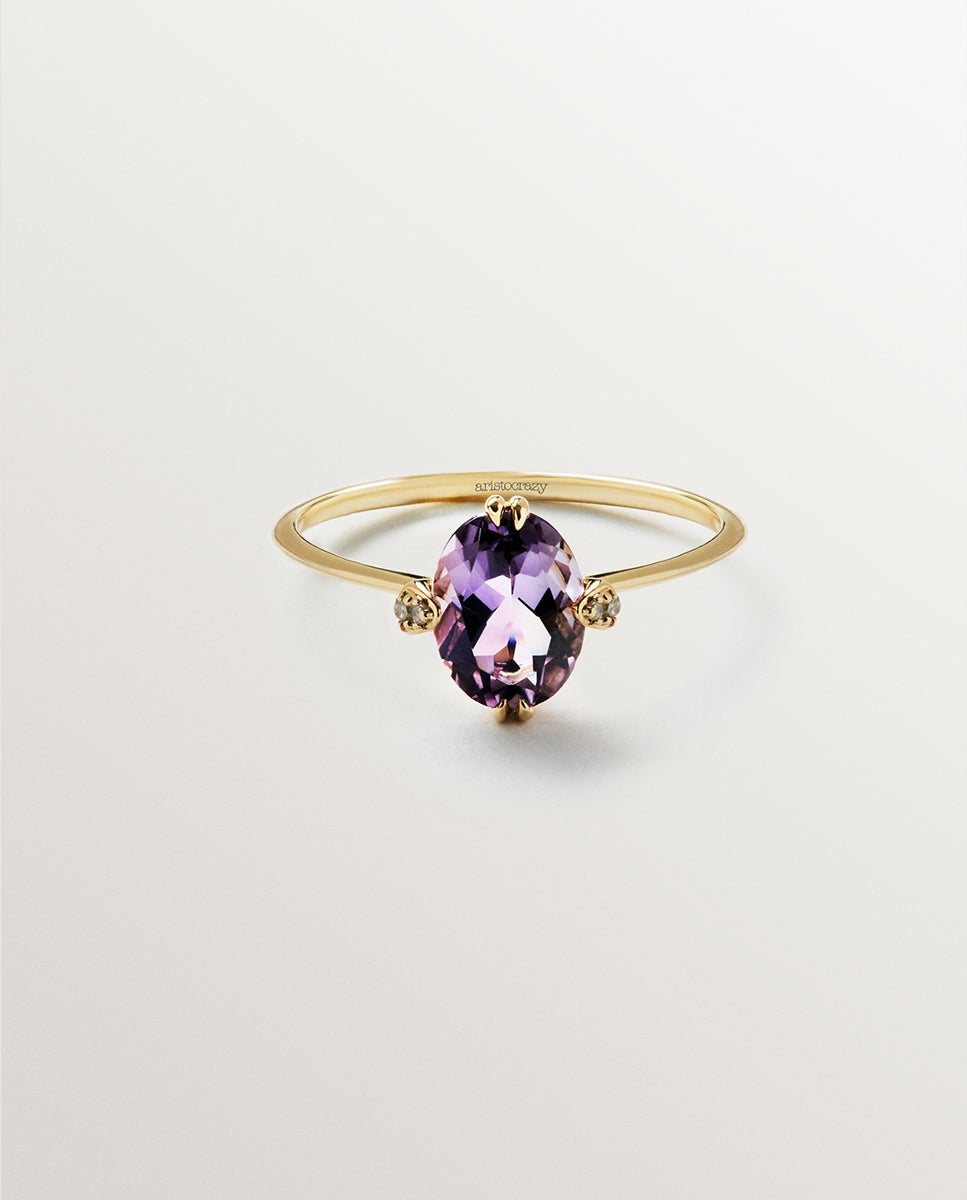Anel Solitário de Ouro Amarelo de 9k com Ametista Rosa e Diamantes Rosa-3