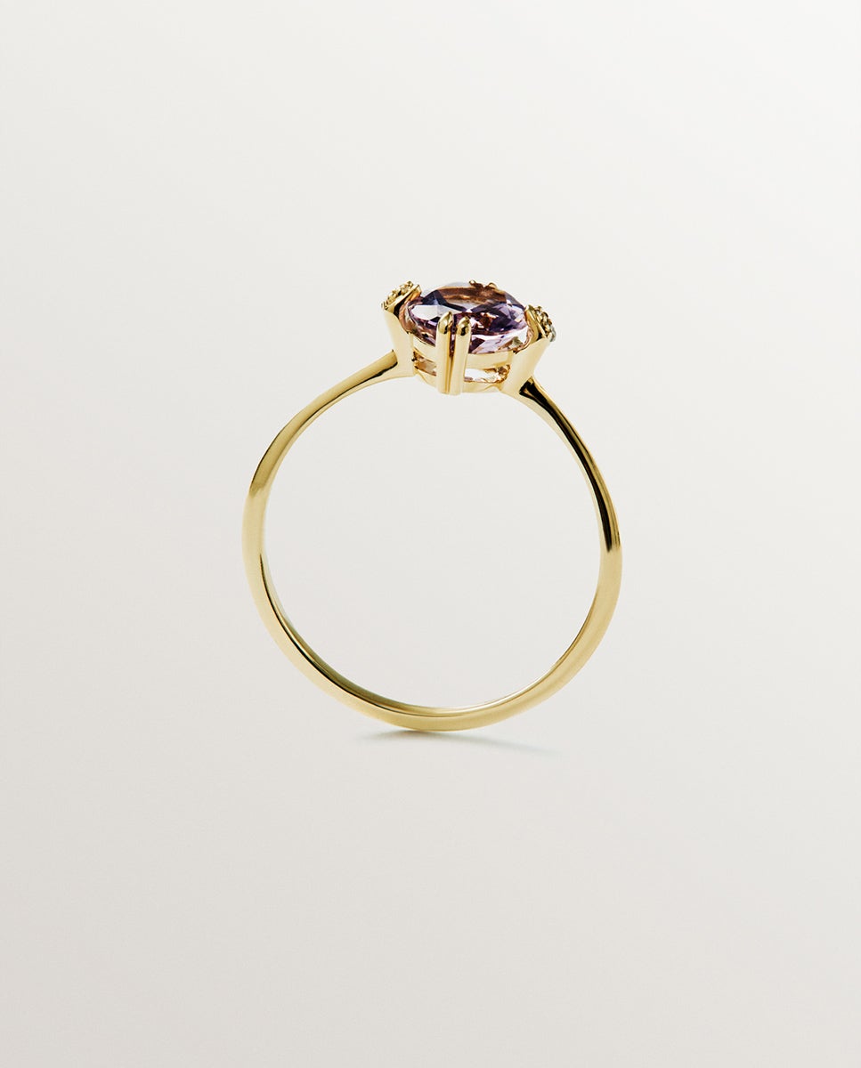 Anel Solitário de Ouro Amarelo de 9k com Ametista Rosa e Diamantes Rosa-6