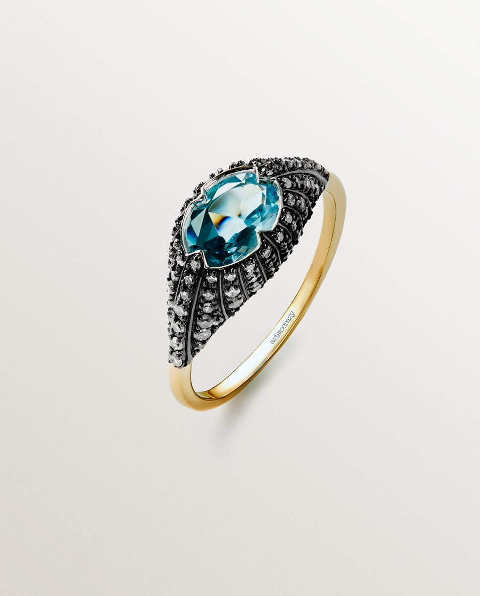 Anel de Ouro Branco e Amarelo de 9k com Topázio Azul e Diamantes Azul-1