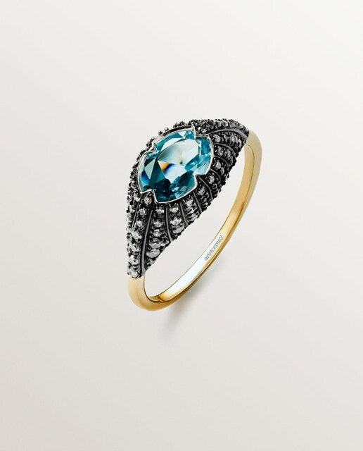 Imagem 0 de Anel de Ouro Branco e Amarelo de 9k com Topázio Azul e Diamantes