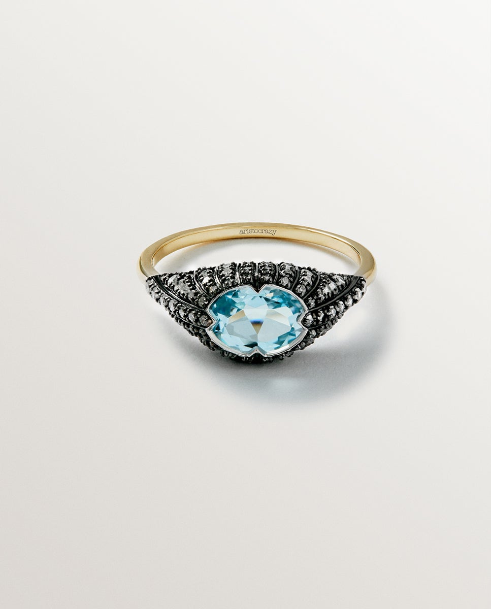 Anel de Ouro Branco e Amarelo de 9k com Topázio Azul e Diamantes Azul-3