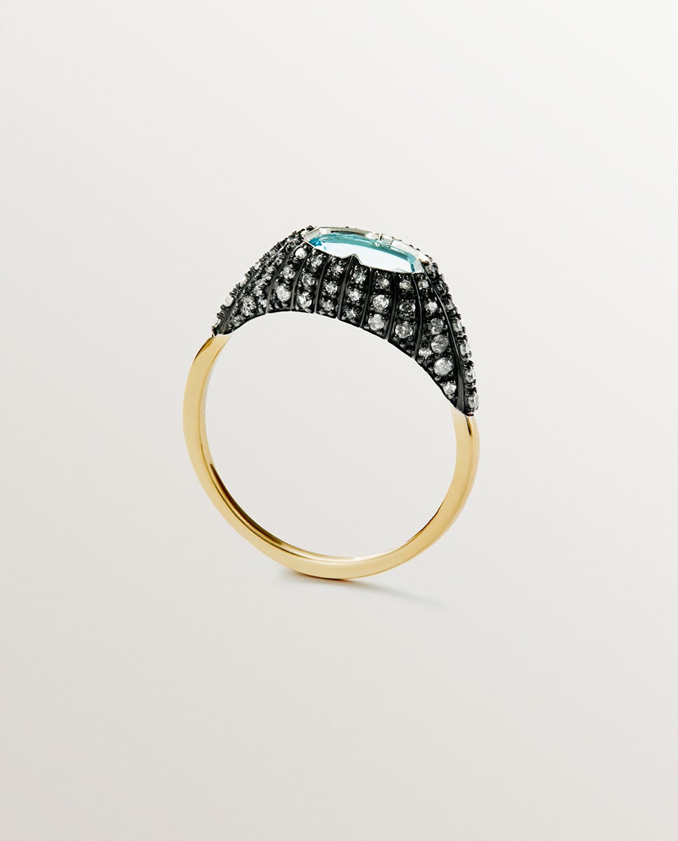 Anel de Ouro Branco e Amarelo de 9k com Topázio Azul e Diamantes Azul-6