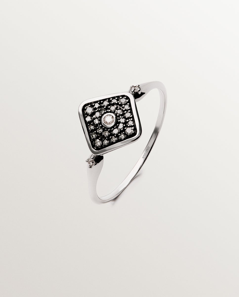 Anel de Ouro Branco de 9k com Forma de Losango e Diamantes Branco-1