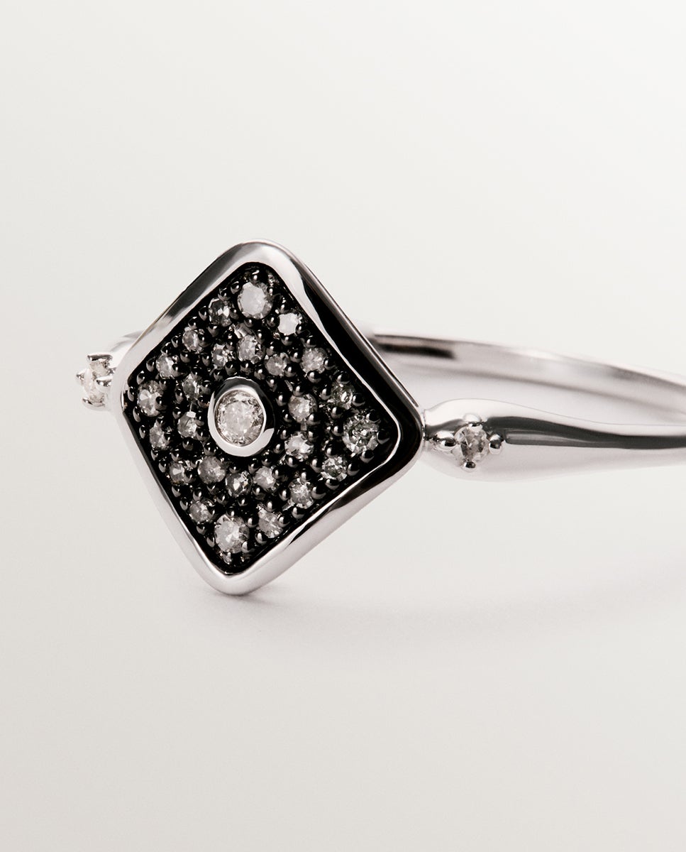 Anel de Ouro Branco de 9k com Forma de Losango e Diamantes Branco-6