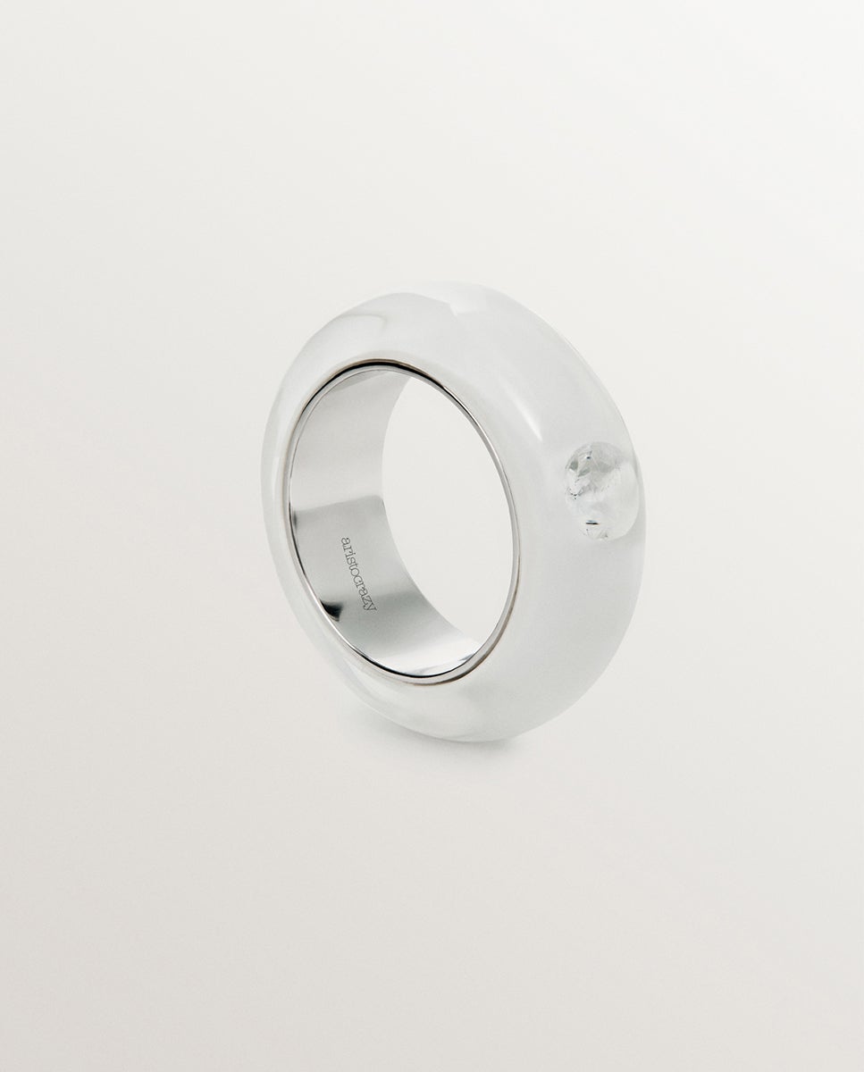 Anel de Prata 925 com Esmalte Branco e Zirconita Suspenso em Resina Branco-1
