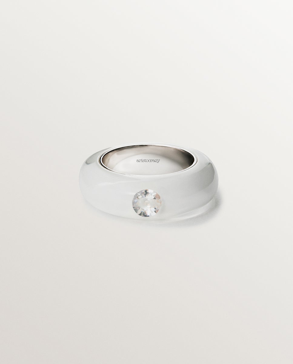Anel de Prata 925 com Esmalte Branco e Zirconita Suspenso em Resina Branco-3