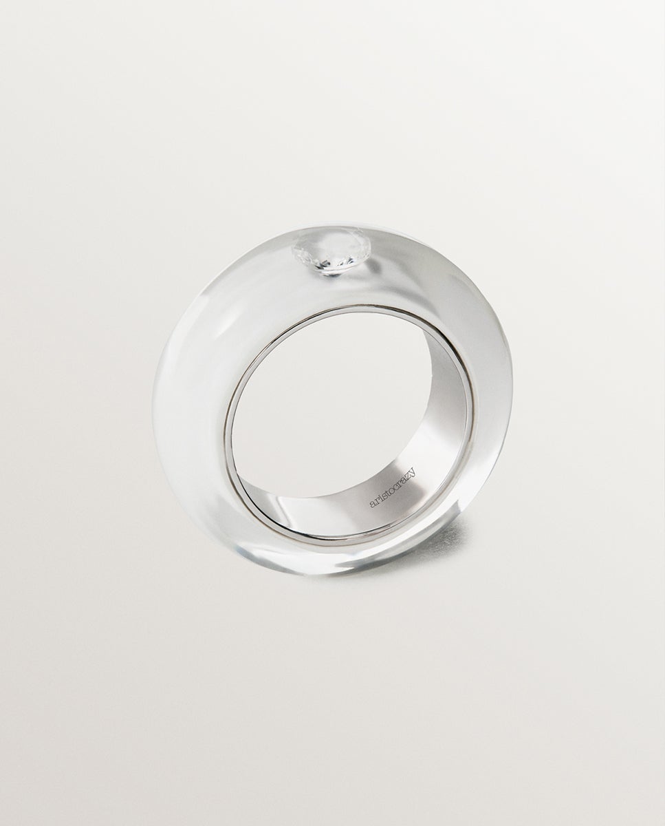Anel de Prata 925 com Esmalte Branco e Zirconita Suspenso em Resina Branco-5