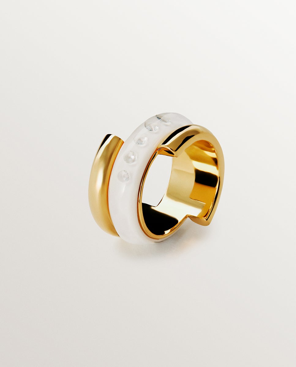 Anel de Prata 925 Banhada em Ouro Amarelo de 18k com Esmalte Branco e Zirconitas Suspensas em Resina Branco-1