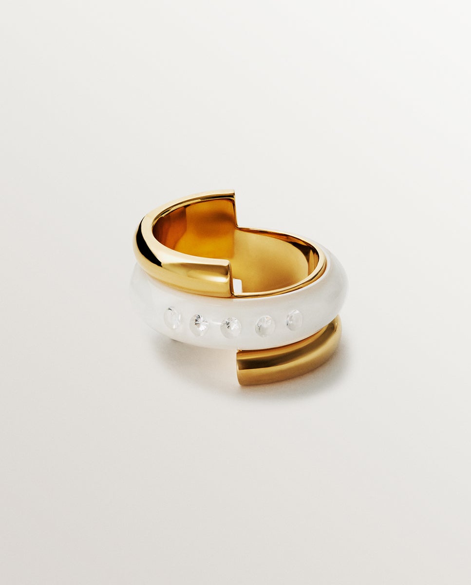 Anel de Prata 925 Banhada em Ouro Amarelo de 18k com Esmalte Branco e Zirconitas Suspensas em Resina Branco-3