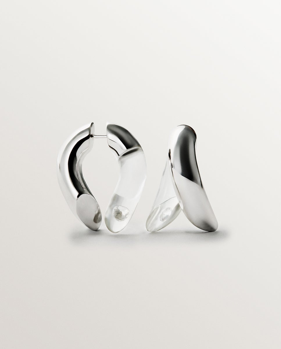 Brincos de Argola de Prata 925 com Zirconitas Suspensas em Resina Prata-1
