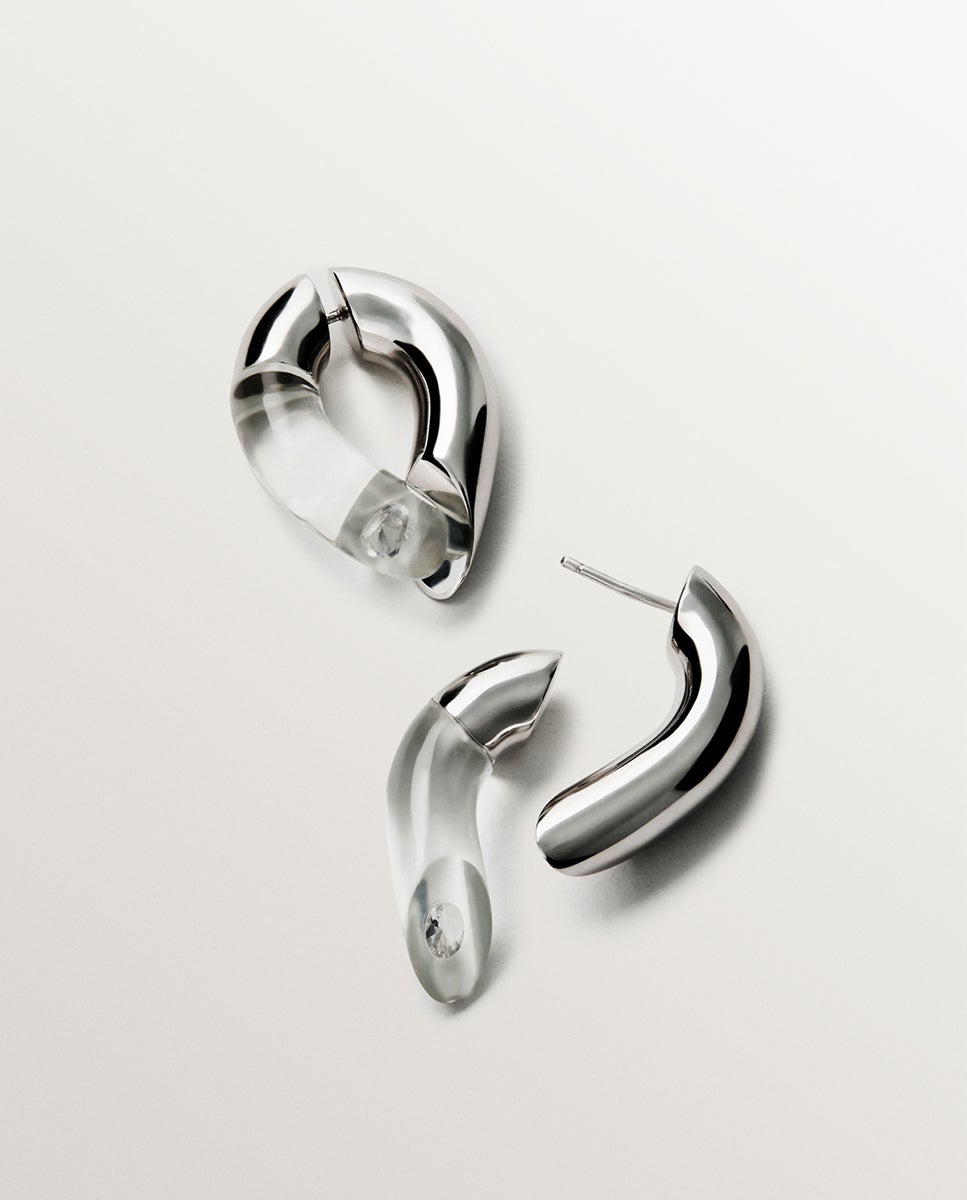 Brincos de Argola de Prata 925 com Zirconitas Suspensas em Resina Prata-3