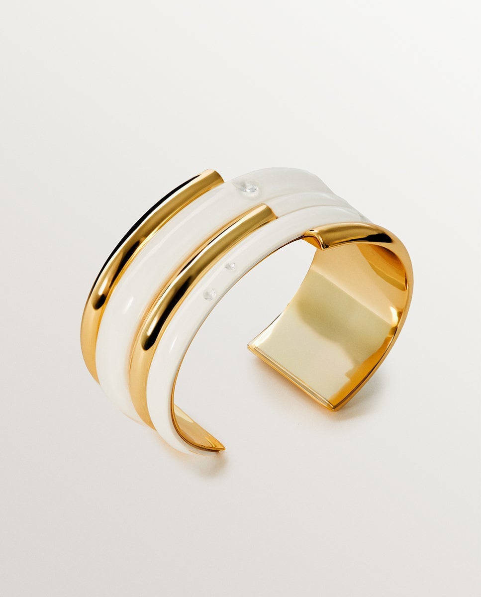 Pulseira de Prata 925 Banhada em Ouro Amarelo de 18k com Esmalte Branco e Zirconitas Suspensas em Resina Branco-1