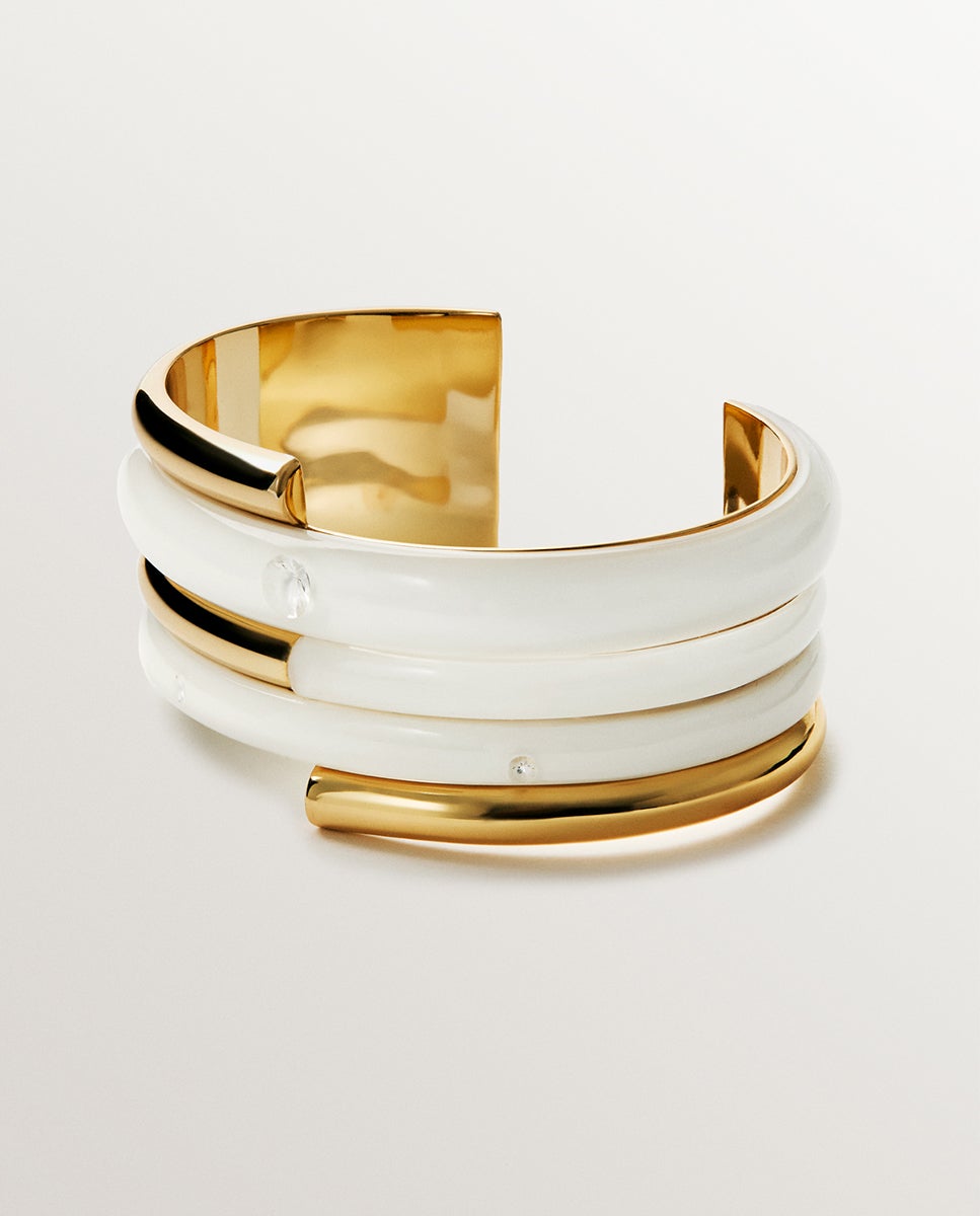 Pulseira de Prata 925 Banhada em Ouro Amarelo de 18k com Esmalte Branco e Zirconitas Suspensas em Resina Branco-3