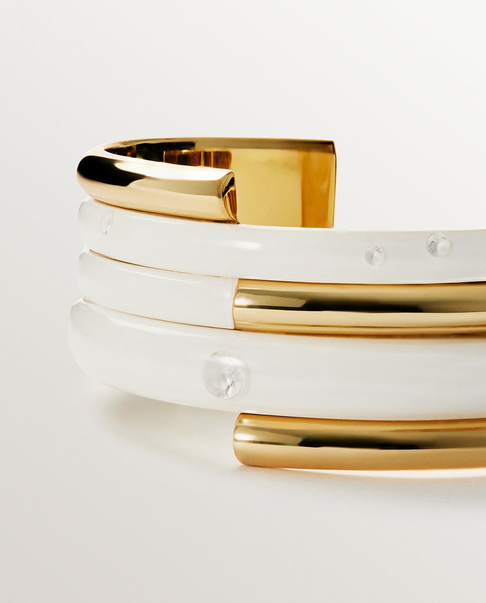 Pulseira de Prata 925 Banhada em Ouro Amarelo de 18k com Esmalte Branco e Zirconitas Suspensas em Resina Branco-5