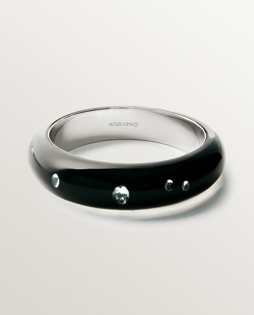 Pulseira Rígida de Prata 925 com Esmalte em Preto e Zirconites Suspensas em Resina Preto-1