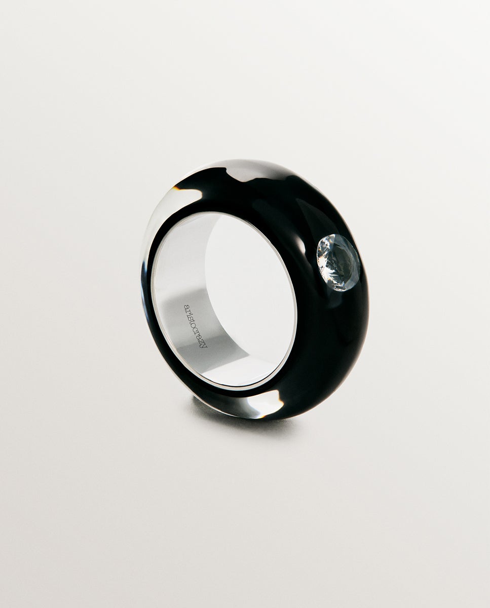 Anel de Prata 925 com Esmalte em Preto e Zircão Suspenso em Resina Preto-1