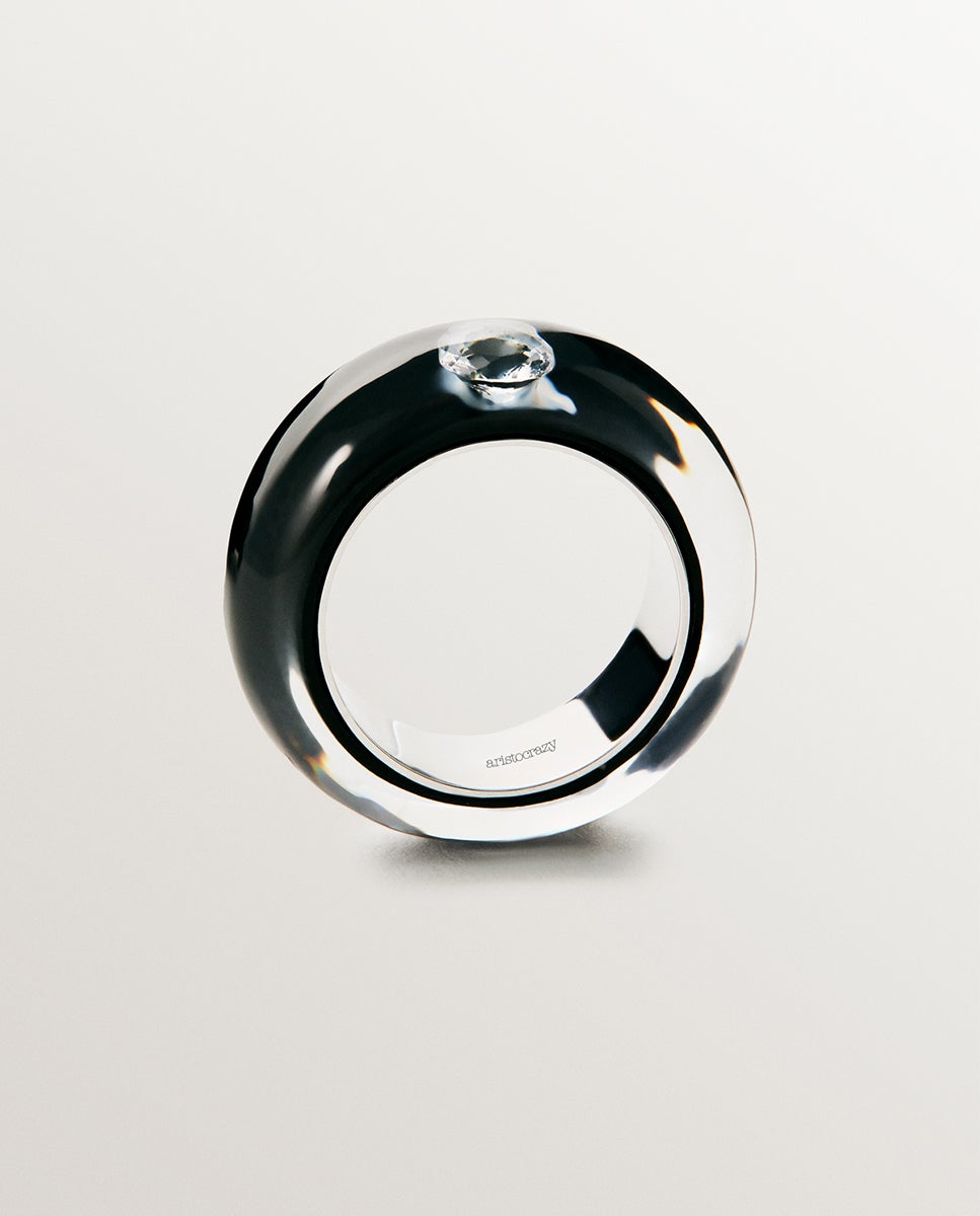 Anel de Prata 925 com Esmalte em Preto e Zircão Suspenso em Resina Preto-5