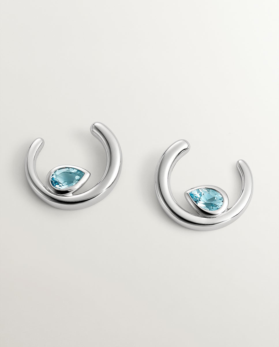 Brincos de Argola de Prata 925 com 2 Topázios Azul Sky Azul-1