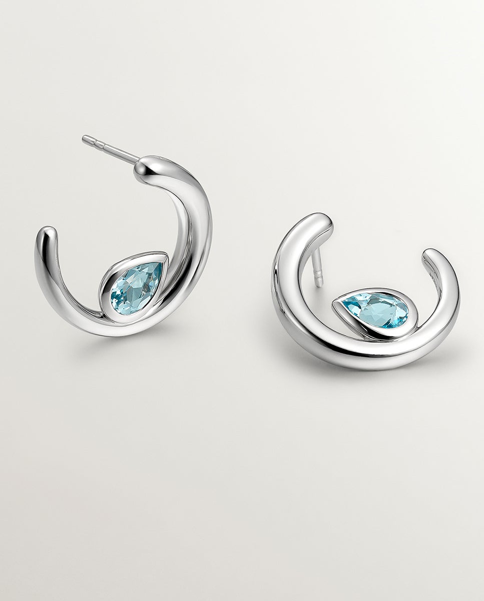 Brincos de Argola de Prata 925 com 2 Topázios Azul Sky Azul-3