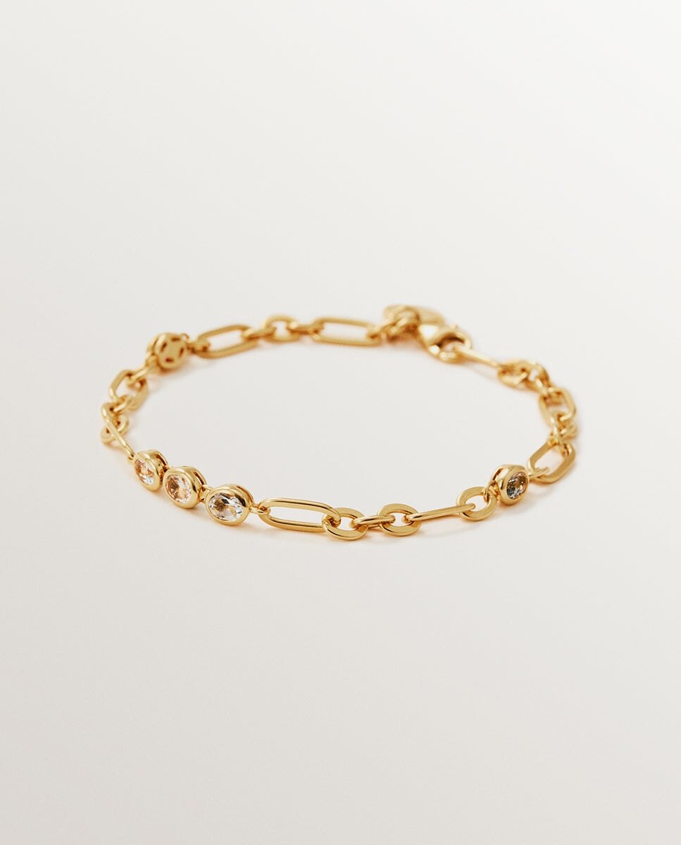 Pulseira de Corrente de Prata 925 Banhada a Ouro Amarelo de 18k com Topázios Brancos Branco-1