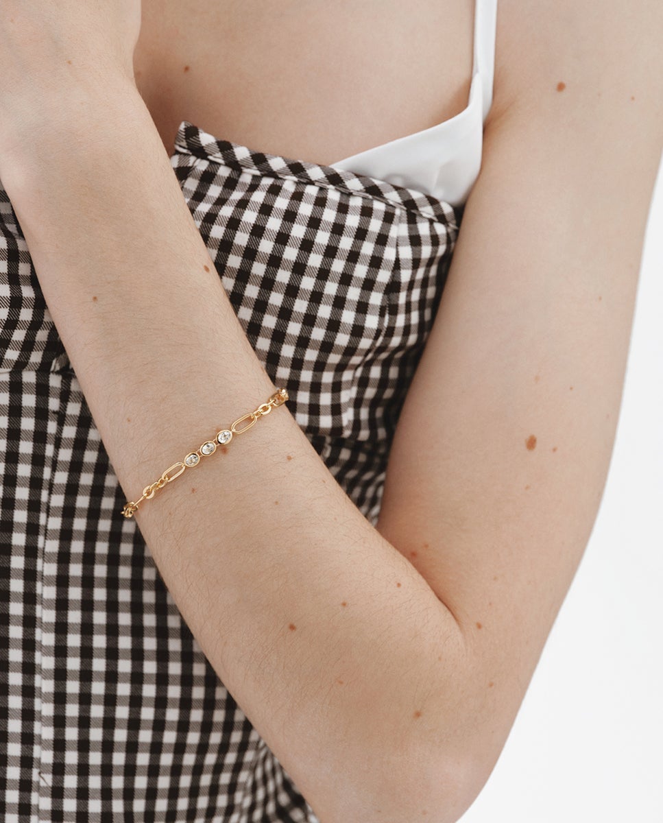 Pulseira de Corrente de Prata 925 Banhada a Ouro Amarelo de 18k com Topázios Brancos Branco-2