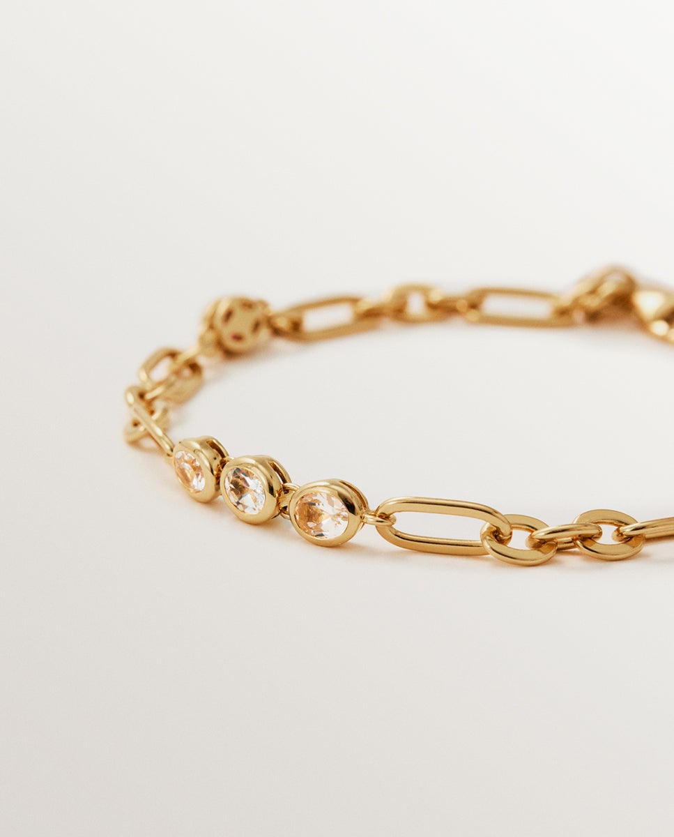 Pulseira de Corrente de Prata 925 Banhada a Ouro Amarelo de 18k com Topázios Brancos Branco-3