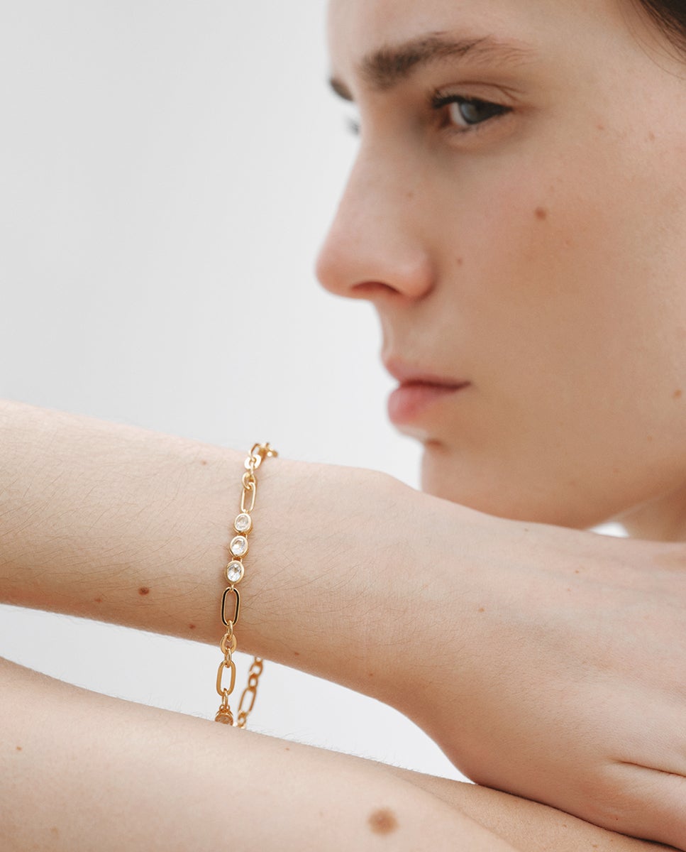 Pulseira de Corrente de Prata 925 Banhada a Ouro Amarelo de 18k com Topázios Brancos Branco-4