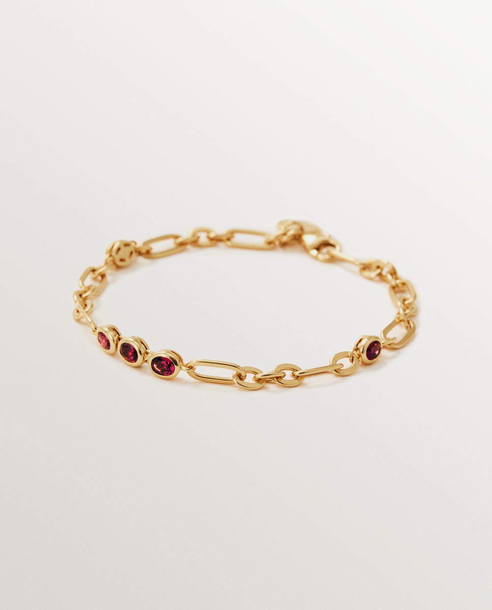 Pulseira de Corrente em Prata 925 Banhada a Ouro Amarelo de 18k com Rodolitos Vermelhos Vermelho-1