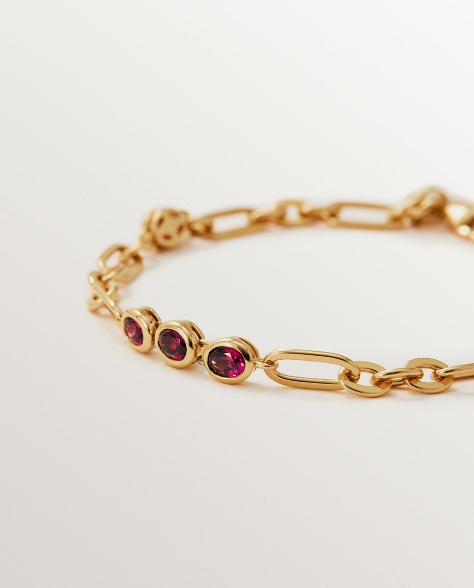 Pulseira de Corrente em Prata 925 Banhada a Ouro Amarelo de 18k com Rodolitos Vermelhos Vermelho-3