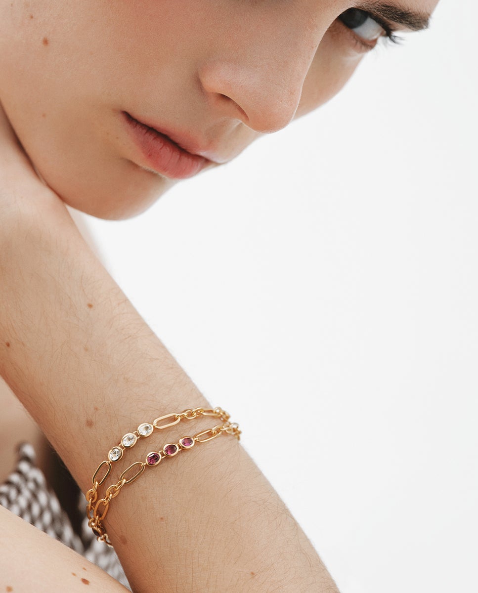 Pulseira de Corrente em Prata 925 Banhada a Ouro Amarelo de 18k com Rodolitos Vermelhos Vermelho-6