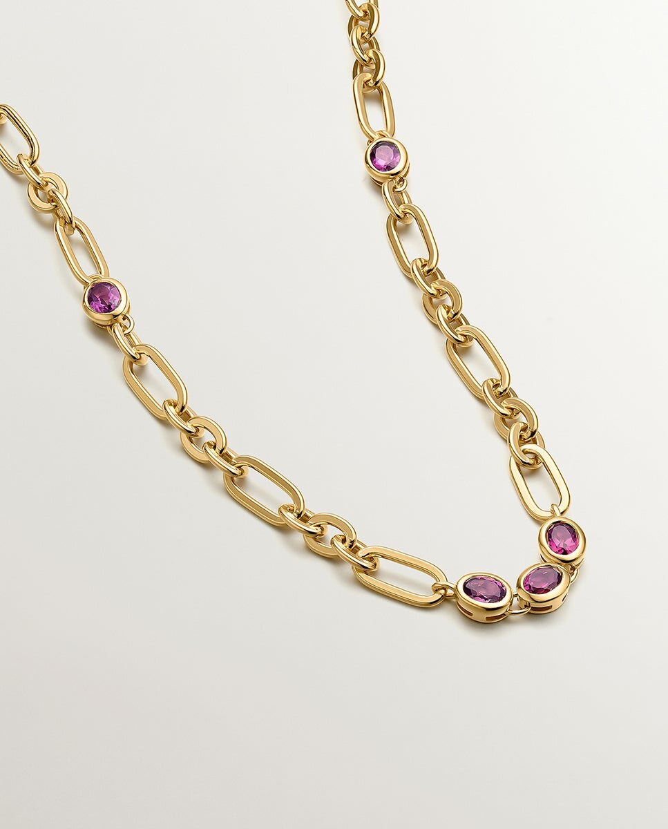 Colar de Prata 925 Banhada em Ouro Amarelo de 18k com Rodolitas Vermelhas Vermelho-2