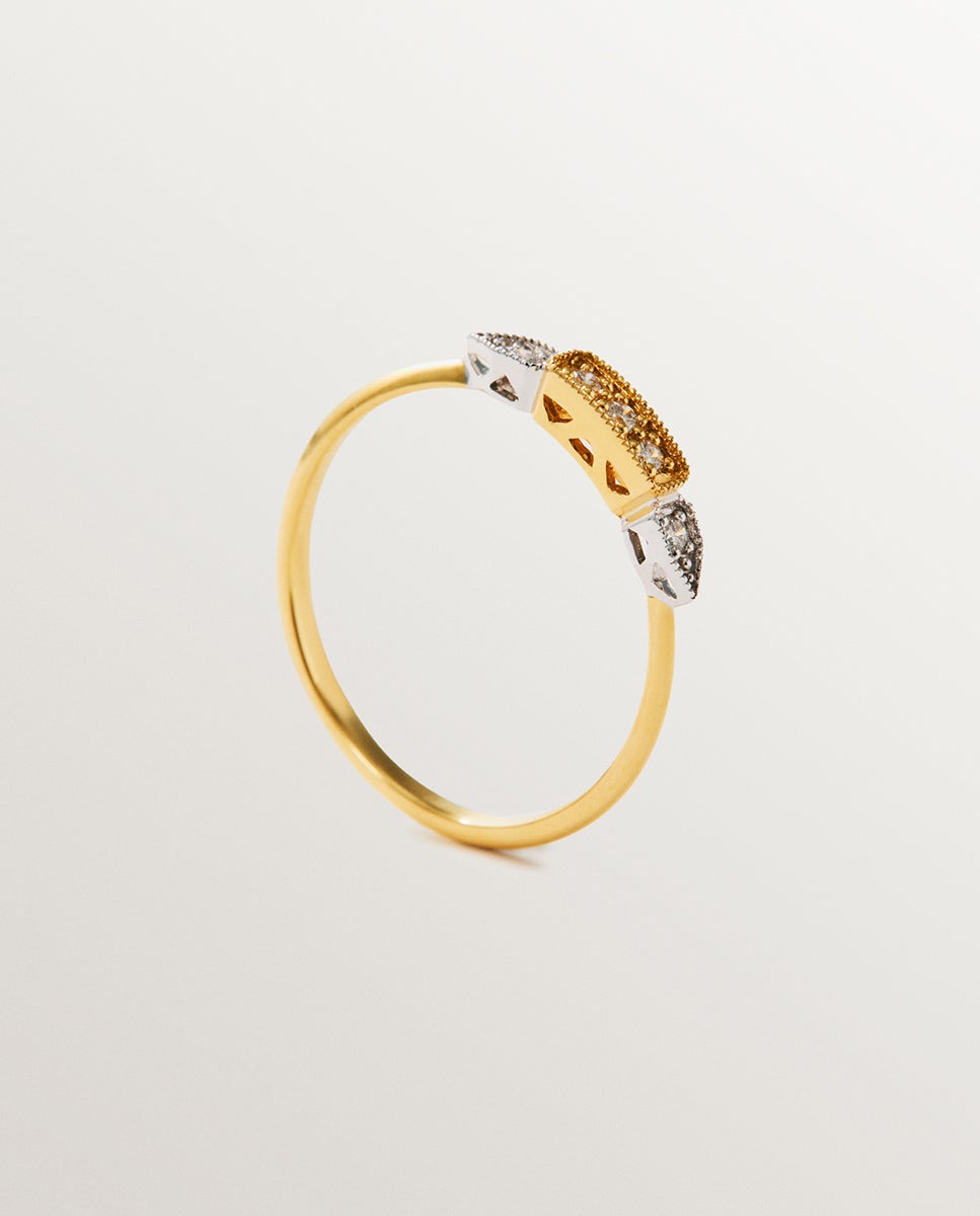 Anel de Ouro Branco e Amarelo de 18k com Pavé de Diamantes em Tamanho Brilhante Branco-1