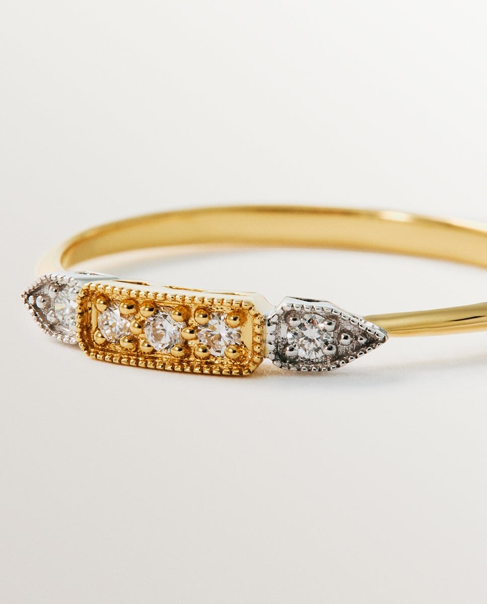 Anel de Ouro Branco e Amarelo de 18k com Pavé de Diamantes em Tamanho Brilhante Branco-5
