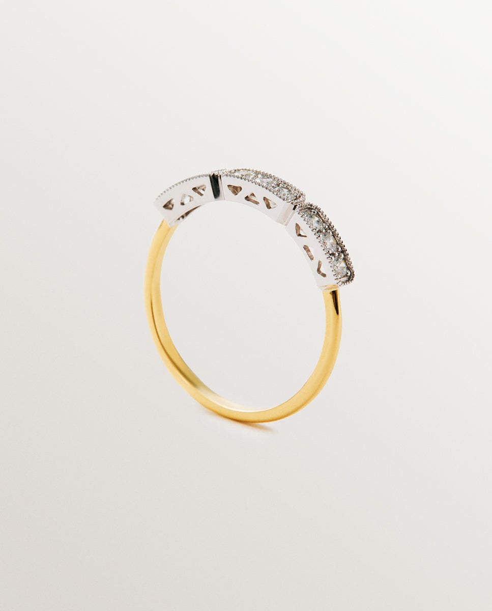 Anel de Ouro Branco e Amarelo de 18k com Pavé de Diamantes em Tamanho Brilhante Branco-1