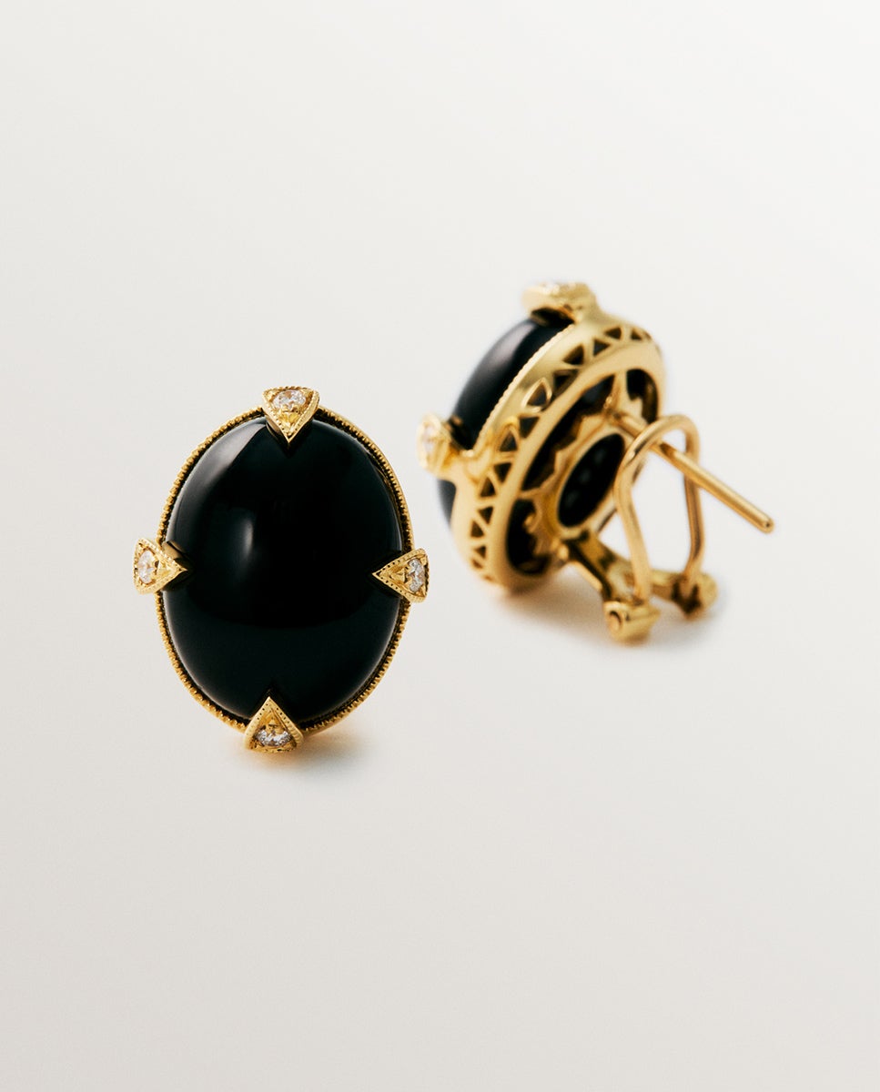 Brincos de Ouro Amarelo 18k com Ônix Preto e Diamantes em Tamanho Brilhante Preto-5