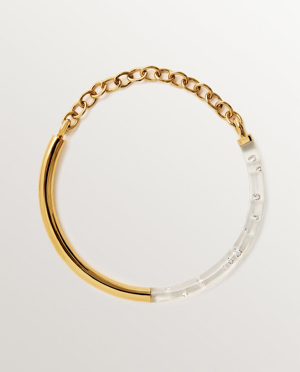 Colar Rígido de Prata 925 Banhada em Ouro Amarelo de 18k com Zirconites Suspensas em Resina Ouro-1