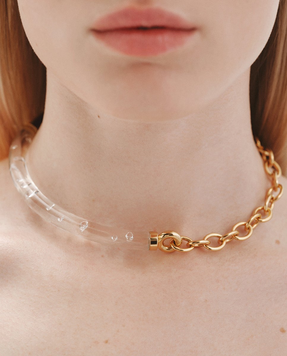 Colar Rígido de Prata 925 Banhada em Ouro Amarelo de 18k com Zirconites Suspensas em Resina Ouro-2