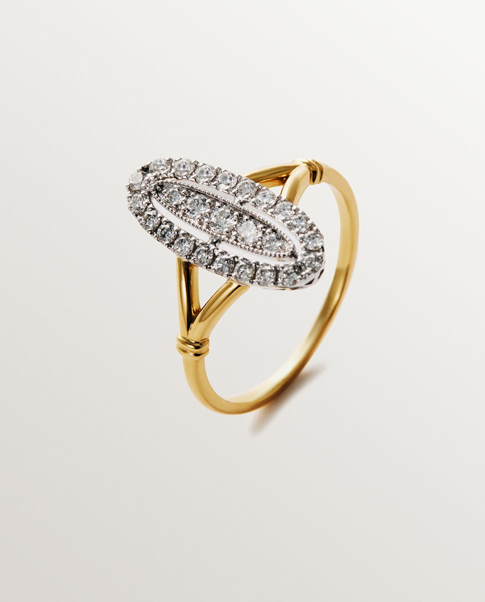Anel de Ouro Branco e Amarelo de 18k com Pavé de Diamantes em Tamanho Brilhante Branco-1