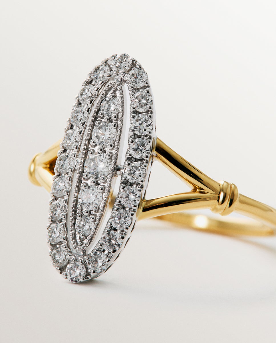 Anel de Ouro Branco e Amarelo de 18k com Pavé de Diamantes em Tamanho Brilhante Branco-5