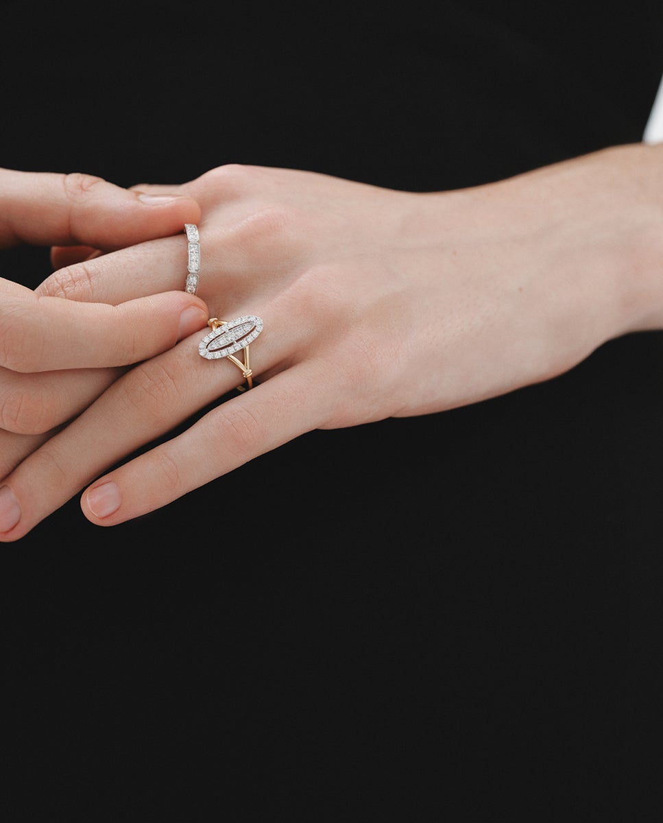 Anel de Ouro Branco e Amarelo de 18k com Pavé de Diamantes em Tamanho Brilhante Branco-6