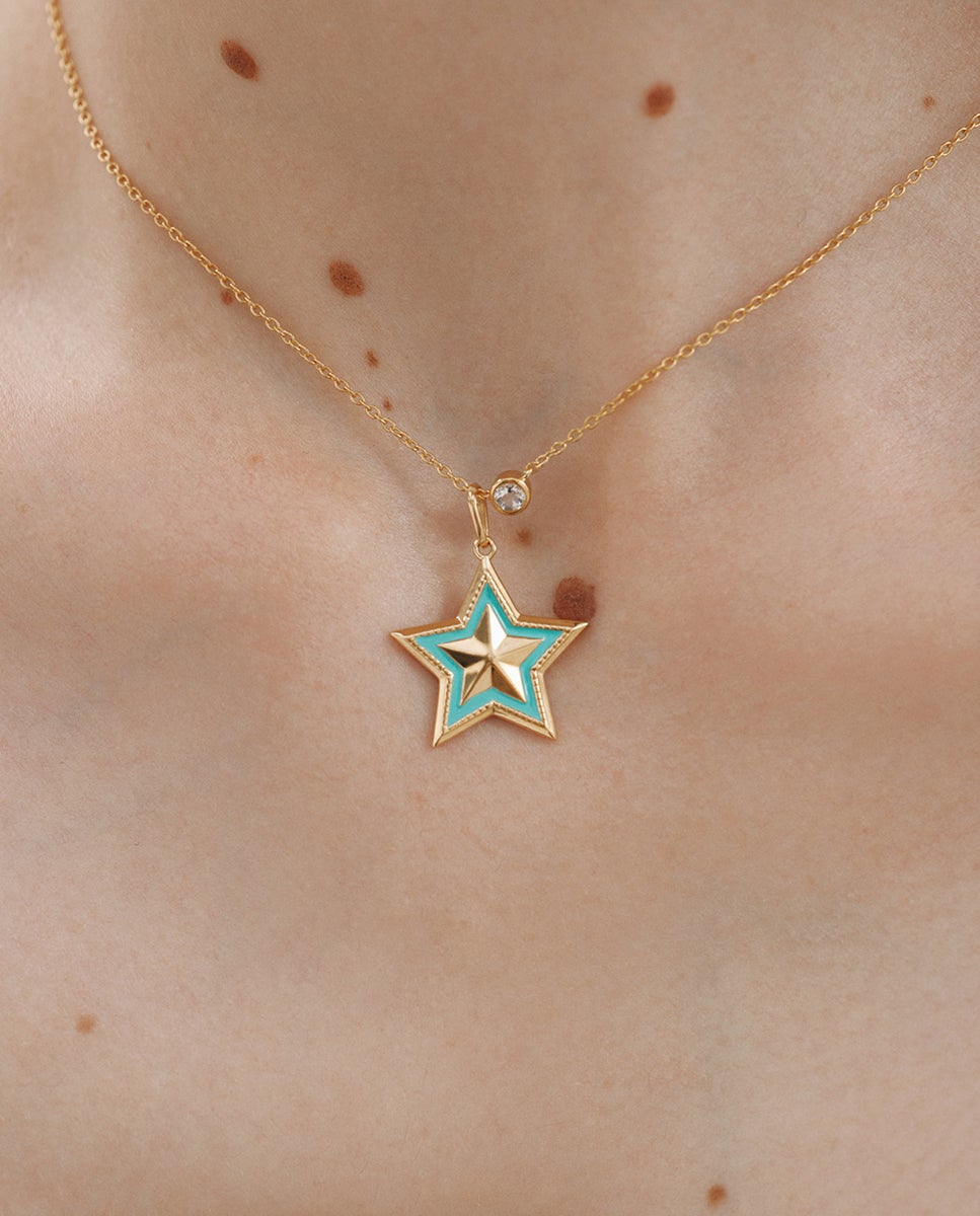 Charm de Prata 925 Banhada em Ouro Amarelo de 18k e Esmalte Turquesa com Forma de Estrela Azul-2