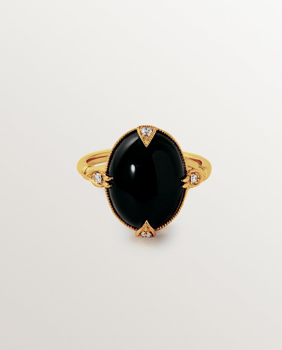 Anel de Ouro Amarelo de 18k com Ônix Preto e Diamantes em Tamanho Brilhante Preto-3