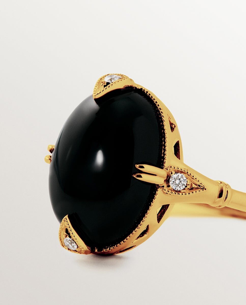 Anel de Ouro Amarelo de 18k com Ônix Preto e Diamantes em Tamanho Brilhante Preto-5