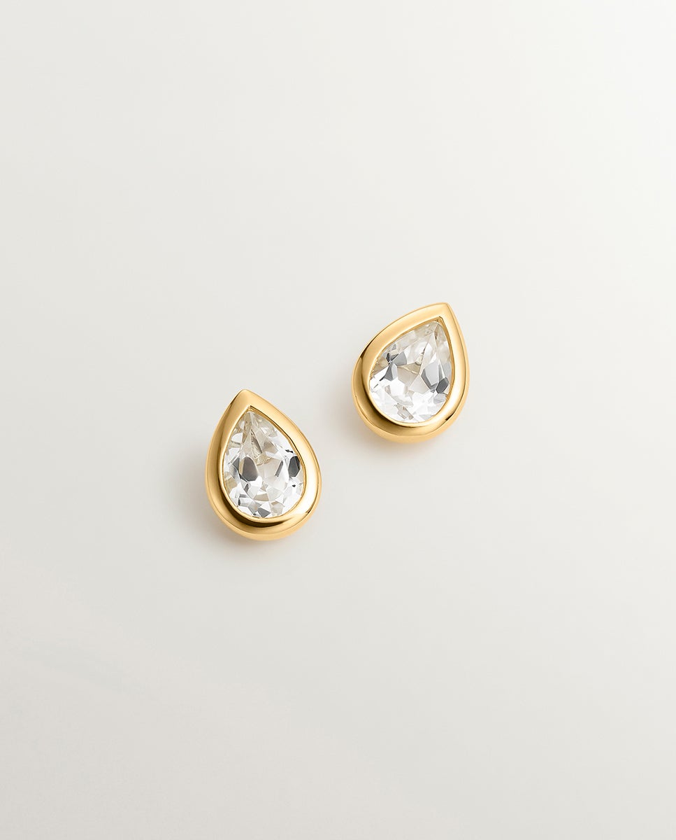 Brincos de Prata 925 Banhada em Ouro Amarelo de 18k com 2 Topázios Brancos Branco-1