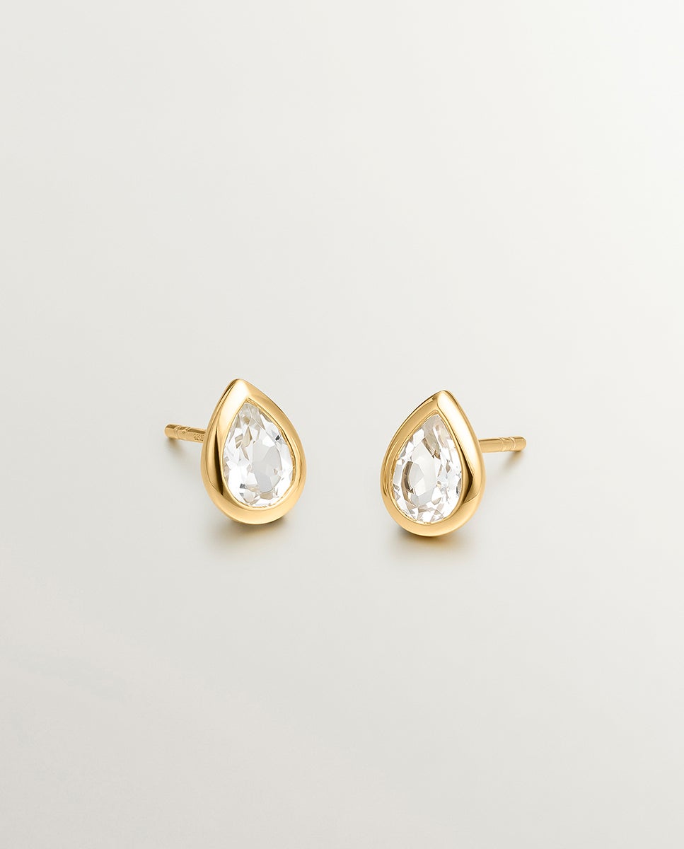 Brincos de Prata 925 Banhada em Ouro Amarelo de 18k com 2 Topázios Brancos Branco-2