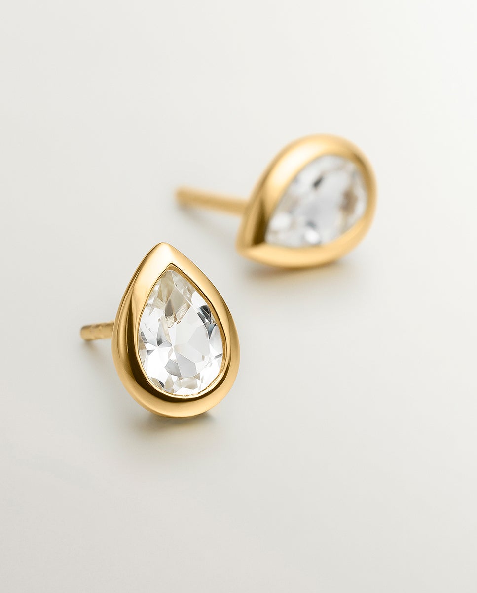 Brincos de Prata 925 Banhada em Ouro Amarelo de 18k com 2 Topázios Brancos Branco-3