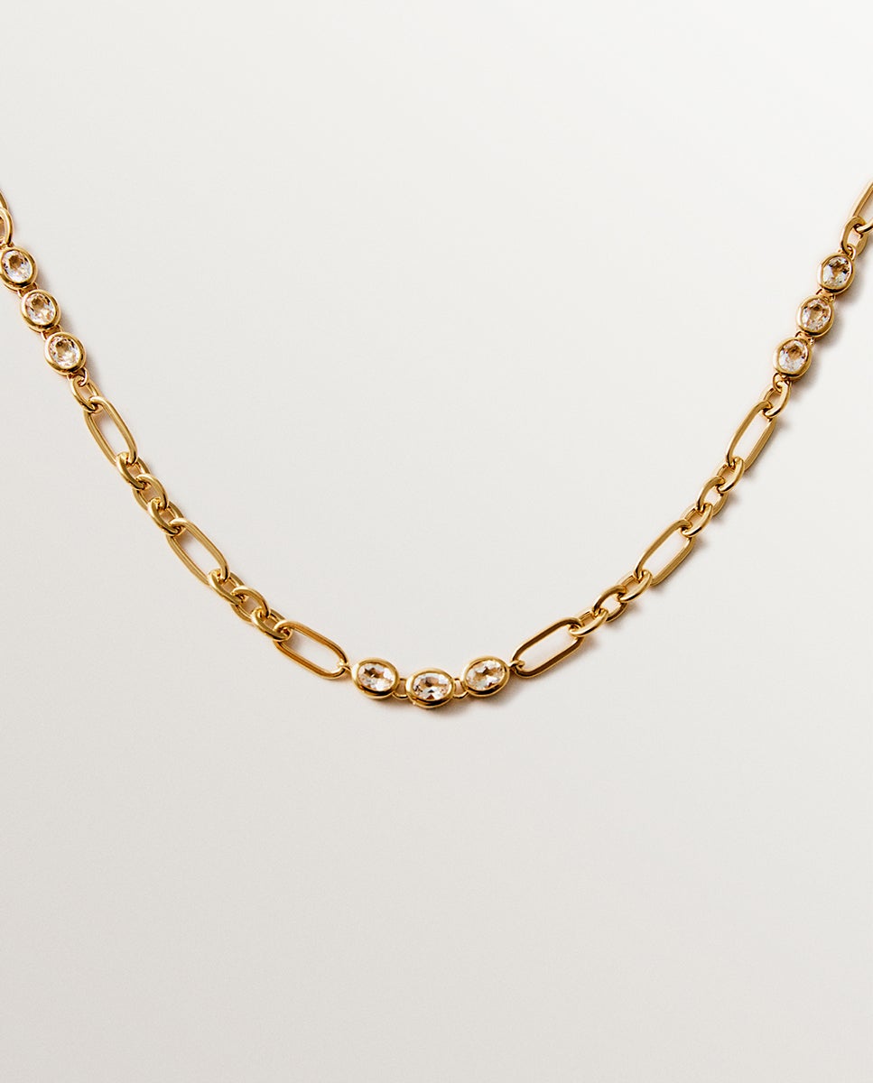 Colar de Prata 925 Banhada em Ouro Amarelo de 18k com Topázios Brancos Branco-2